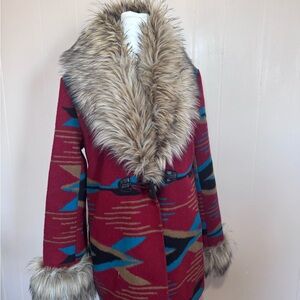 Tasha Polizzi Red Aztec Toggle Coat with Faux Fur Trim